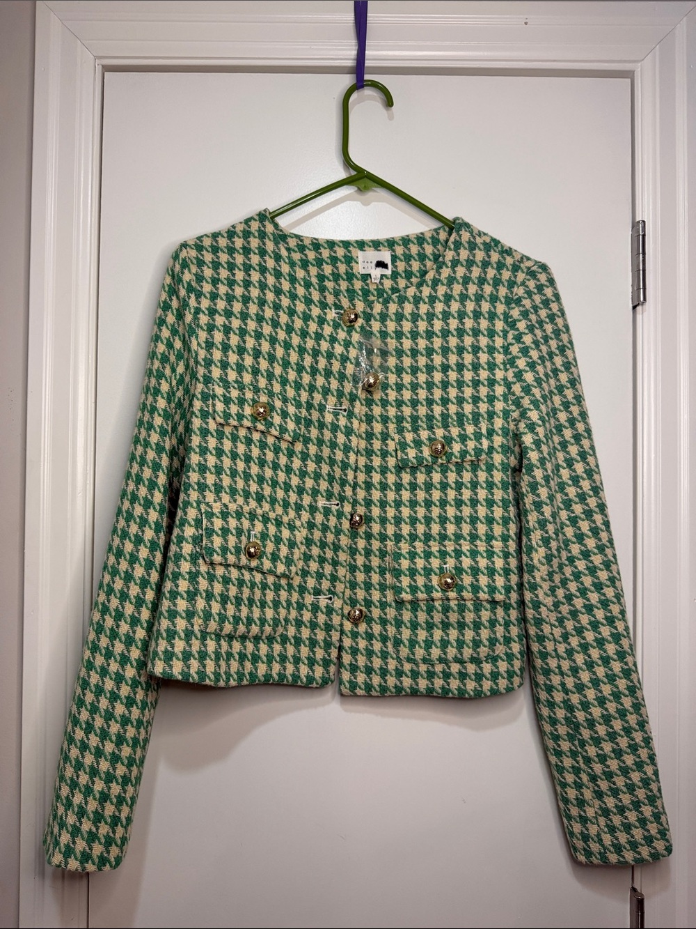 Green Houndstooth Tweed Boxy Blazer - Women's